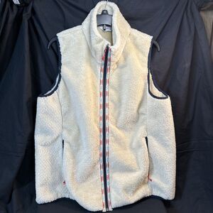 Orvis Women's Size XL Cream Sherpa Fleece Full Zip Vest Aztec Tapestry Navy Trim